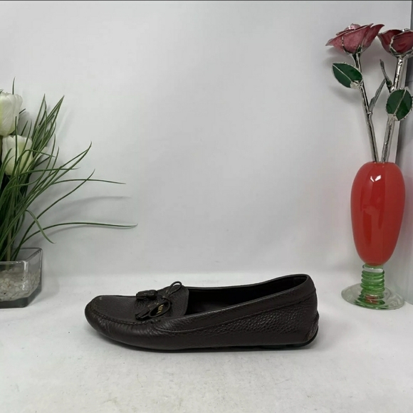 Prada Designer Italy Brown Leather Bow Slip Loafer Driving Flat Women US 7 EU 38 - Picture 4 of 9